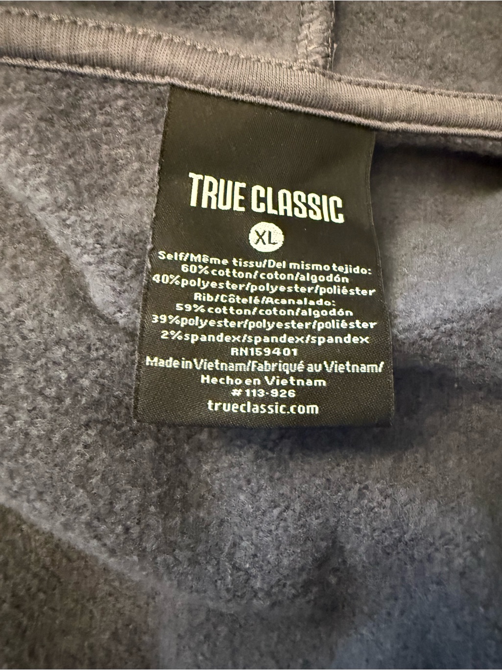 True Classic Men’s Xl Slate Gray Blue Full-Zip Fleece Hoodie — image 4 of 7